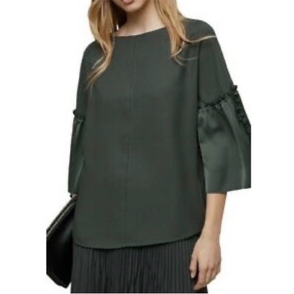REISS Joss Satin Detail Sleeve Blouse in Emerald Green